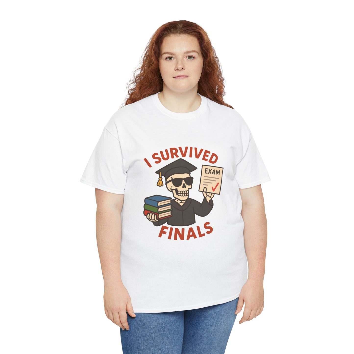 “Women wearing white ‘I Survived Finals’ graduation t‑shirt, front view.”

