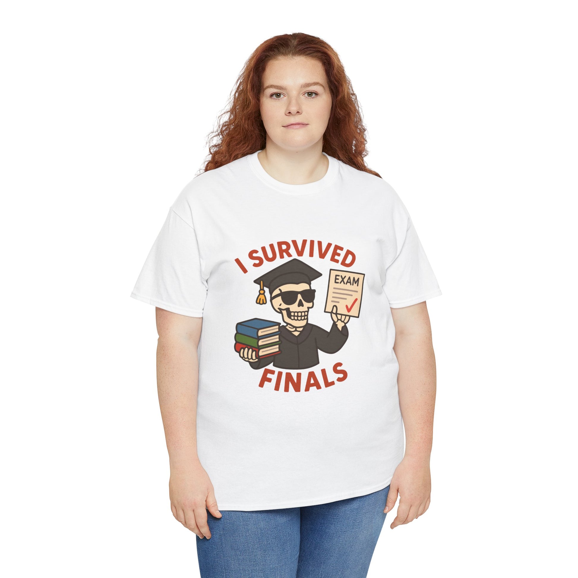 “Women wearing white ‘I Survived Finals’ graduation t‑shirt, front view.”

