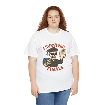 “Women wearing white ‘I Survived Finals’ graduation t‑shirt, front view.”

