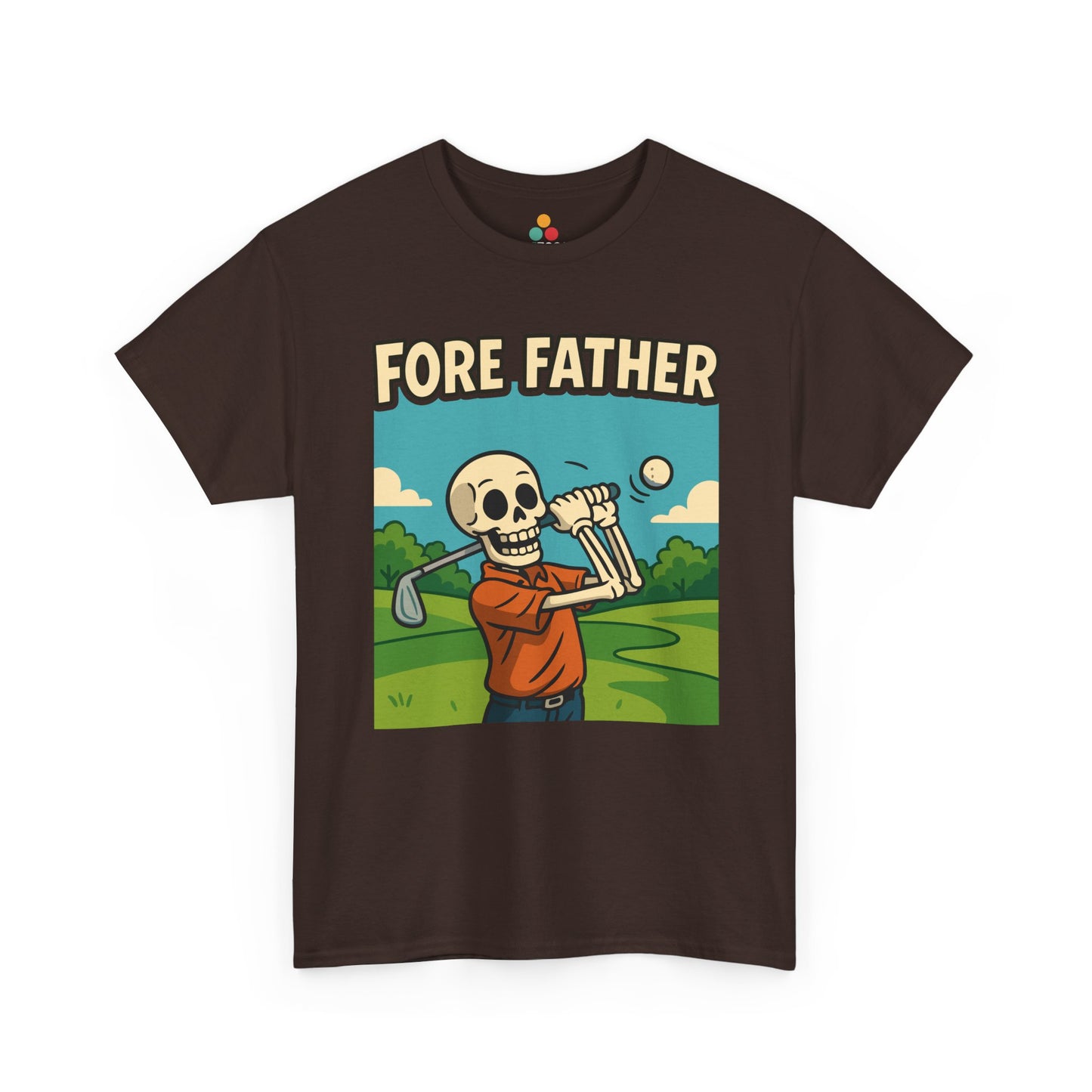 Brown t-shirt with a skeleton playing golf graphic and 'FORE FATHER' text on a white background