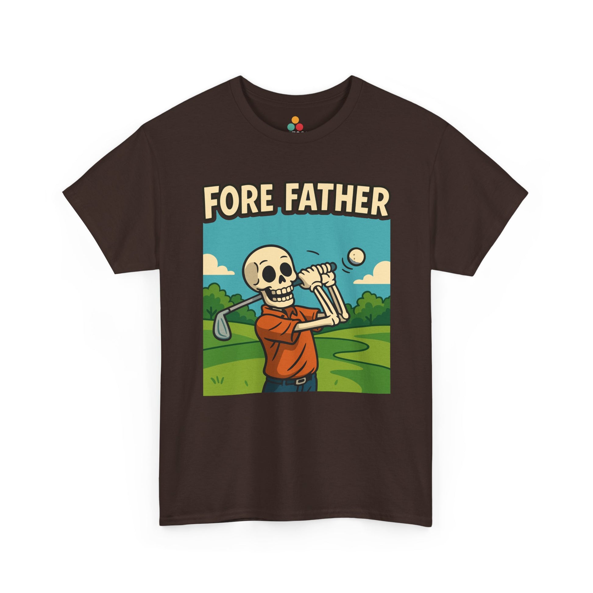 Brown t-shirt with a skeleton playing golf graphic and 'FORE FATHER' text on a white background
