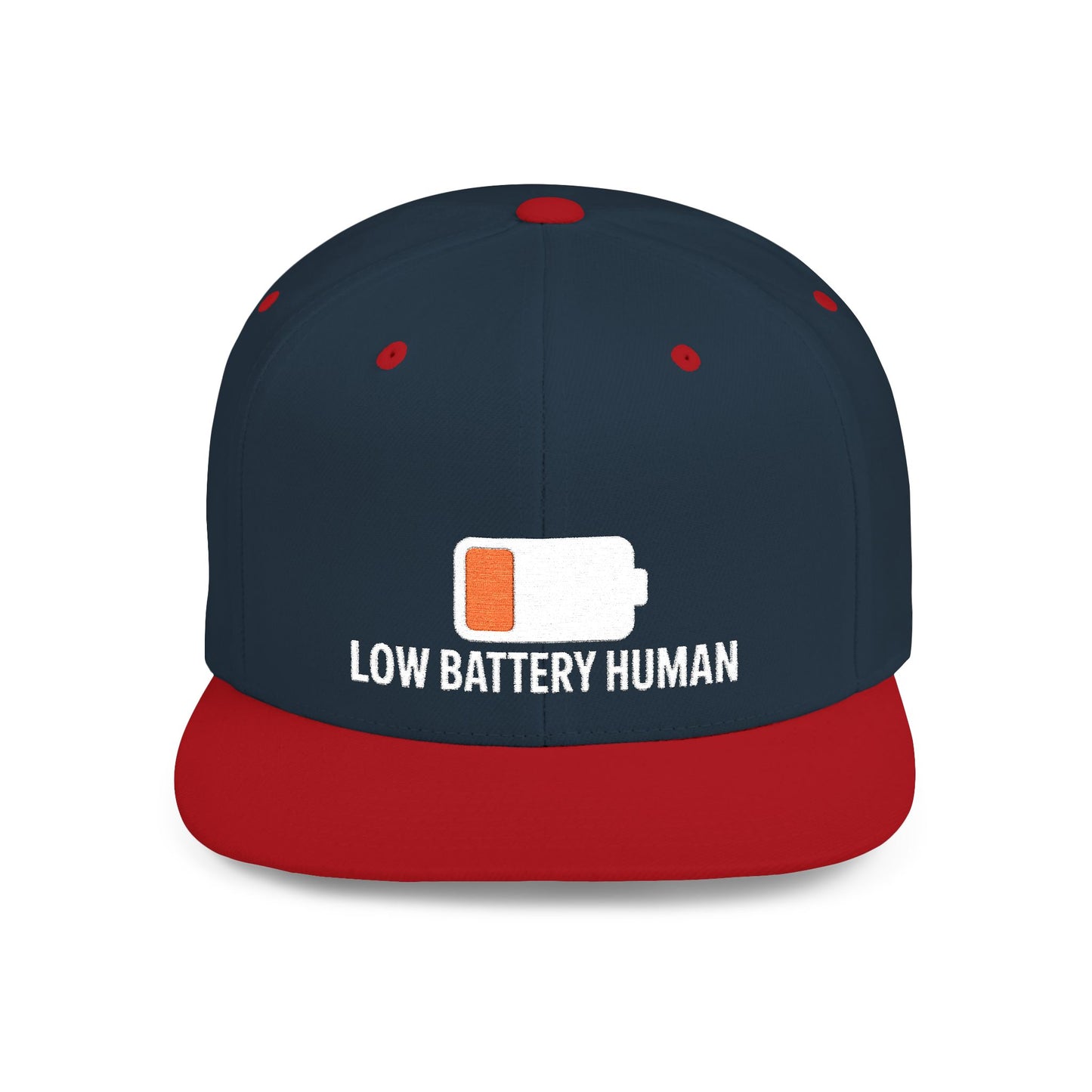 Navy and red cap with 'Low Battery Human' text and battery icon on a white background
