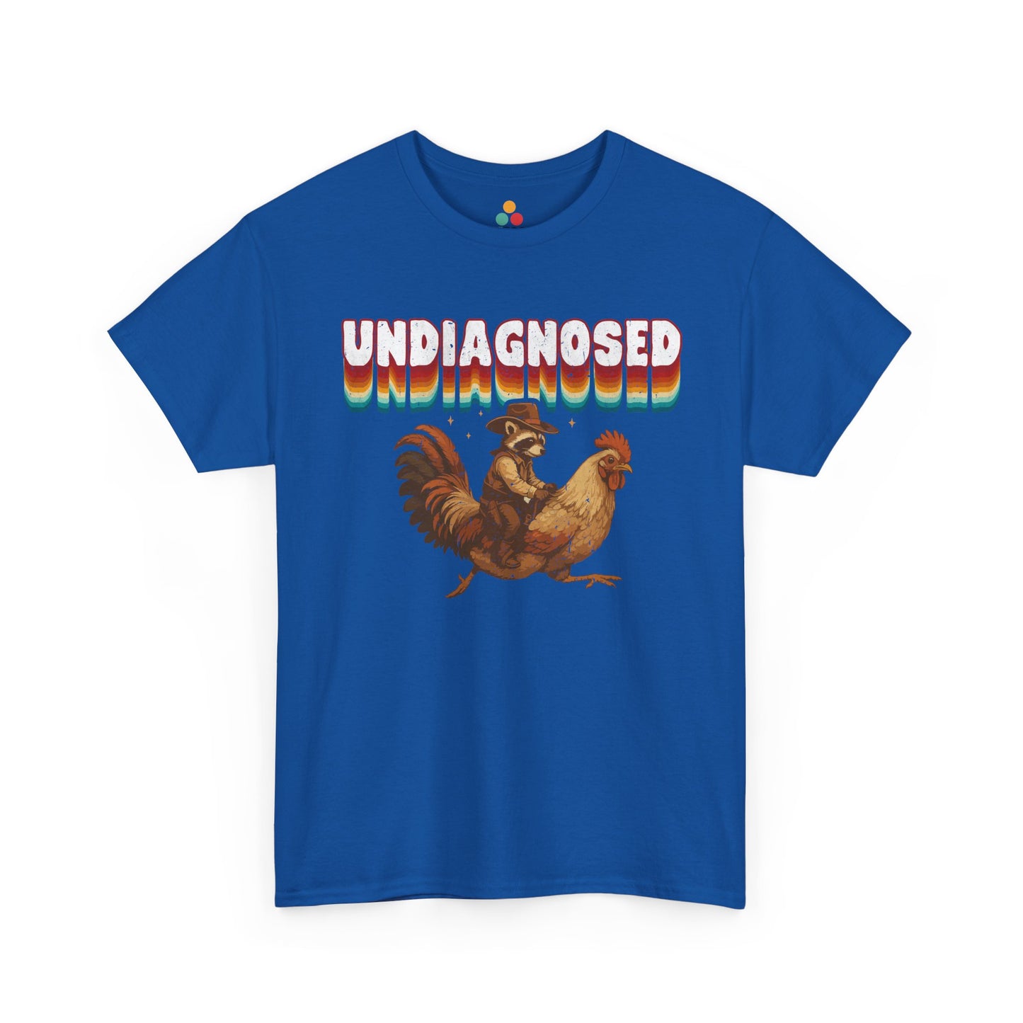 Blue t-shirt with a graphic of a rooster and text 'UNDiAGNOSED' on a white background