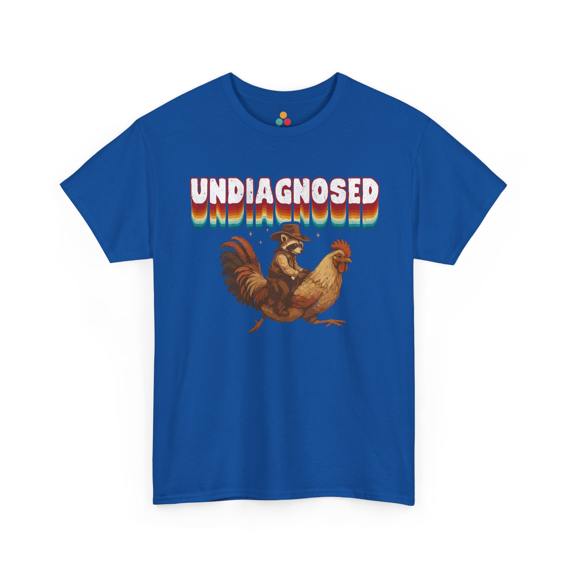 Blue t-shirt with a graphic of a rooster and text 'UNDiAGNOSED' on a white background