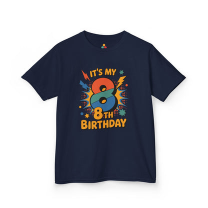 “Navy blue 8th birthday comic shirt with large multicolor 8 and explosion background, kids unisex tee, flat front.”

