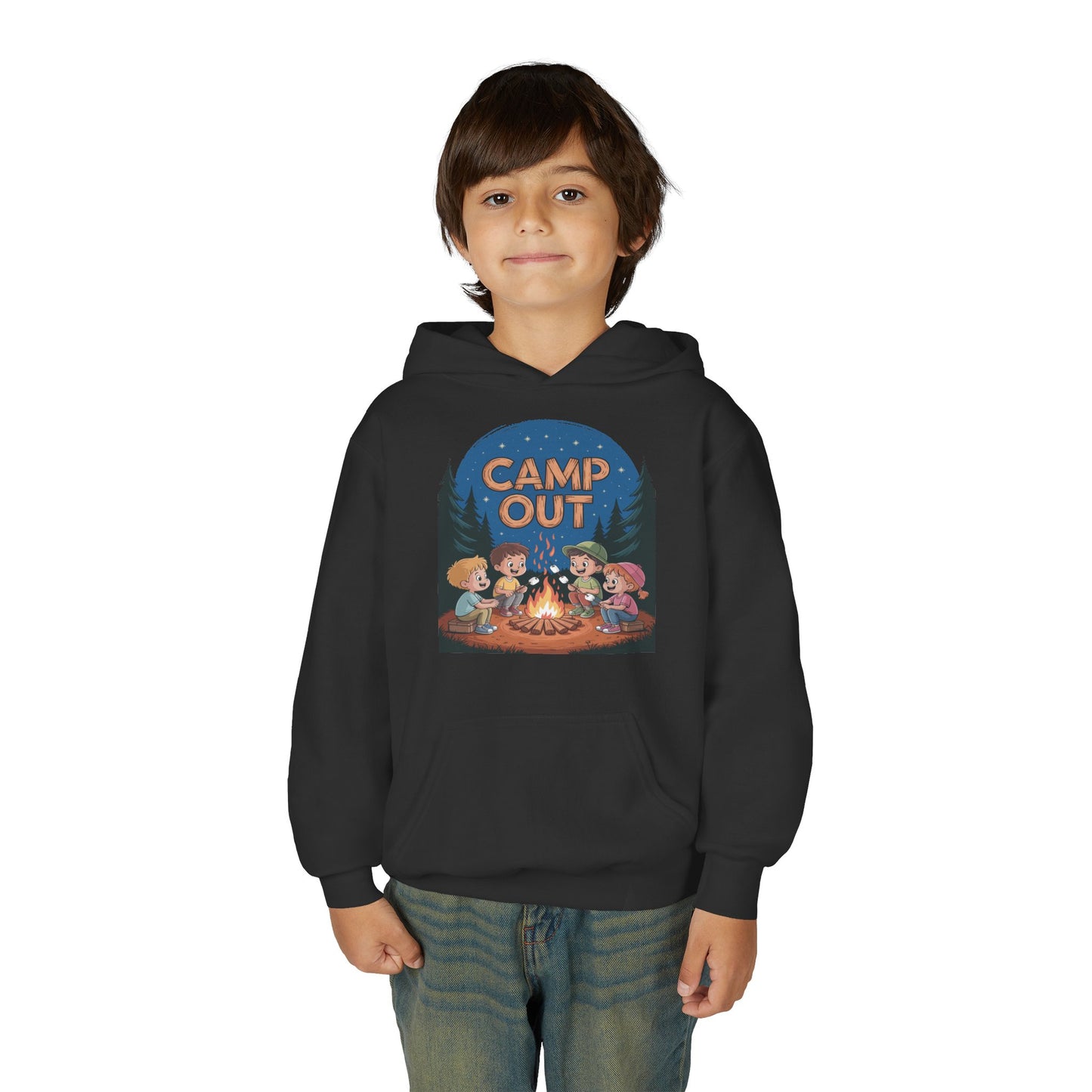 Youth hoodie with Camp Out outdoor adventure illustration TEEZOCA