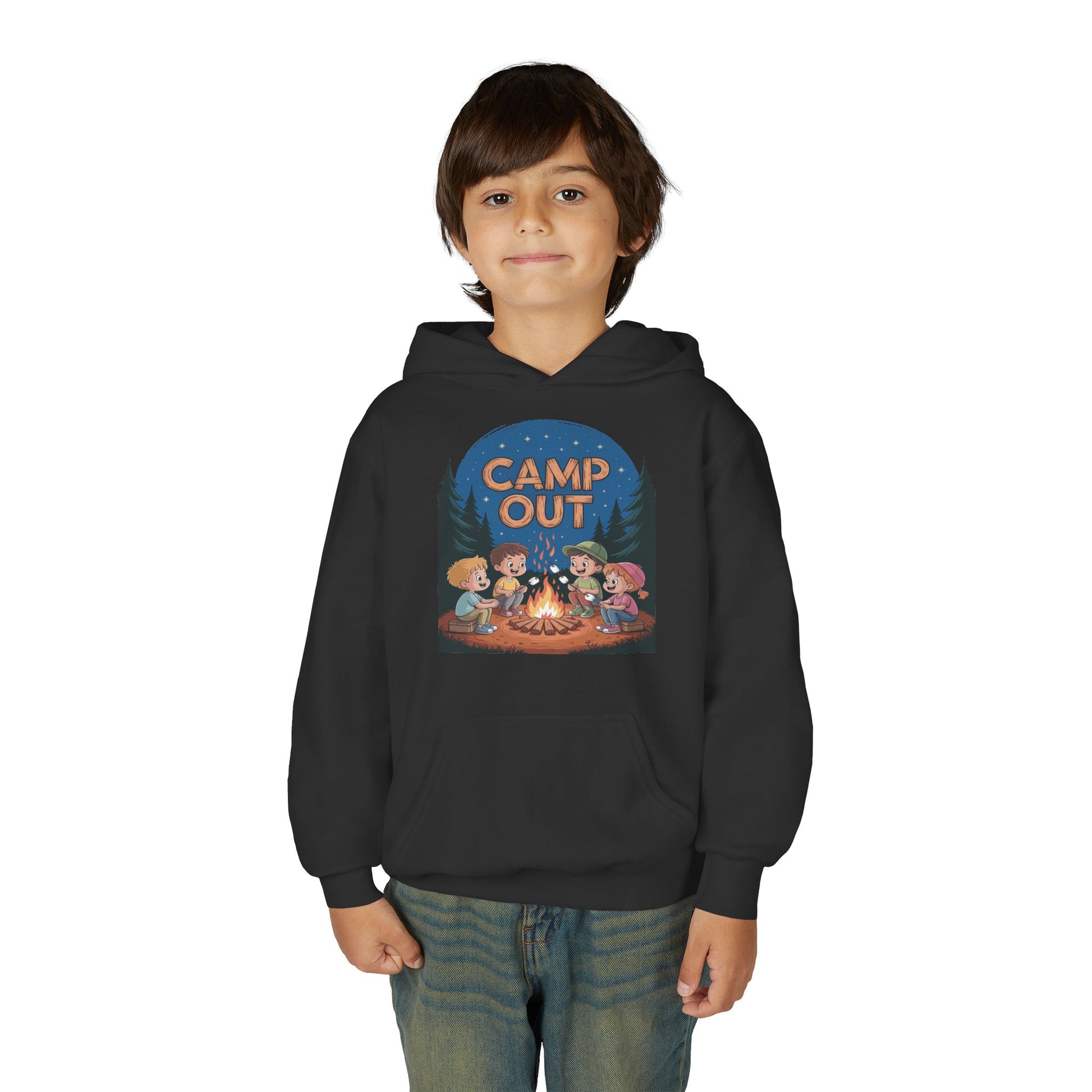 Youth hoodie with Camp Out outdoor adventure illustration TEEZOCA
