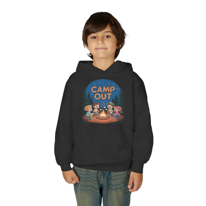 Youth hoodie with Camp Out outdoor adventure illustration TEEZOCA