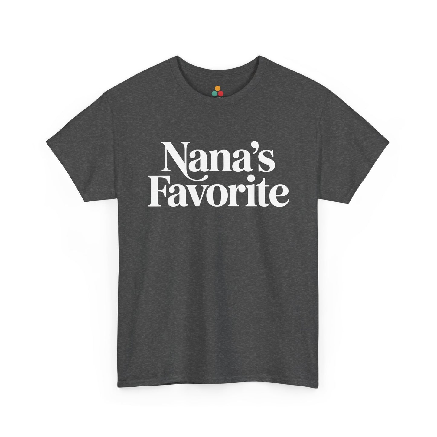  Dark heather gray t‑shirt with crisp white “Nana’s Favorite” print, flat view.​