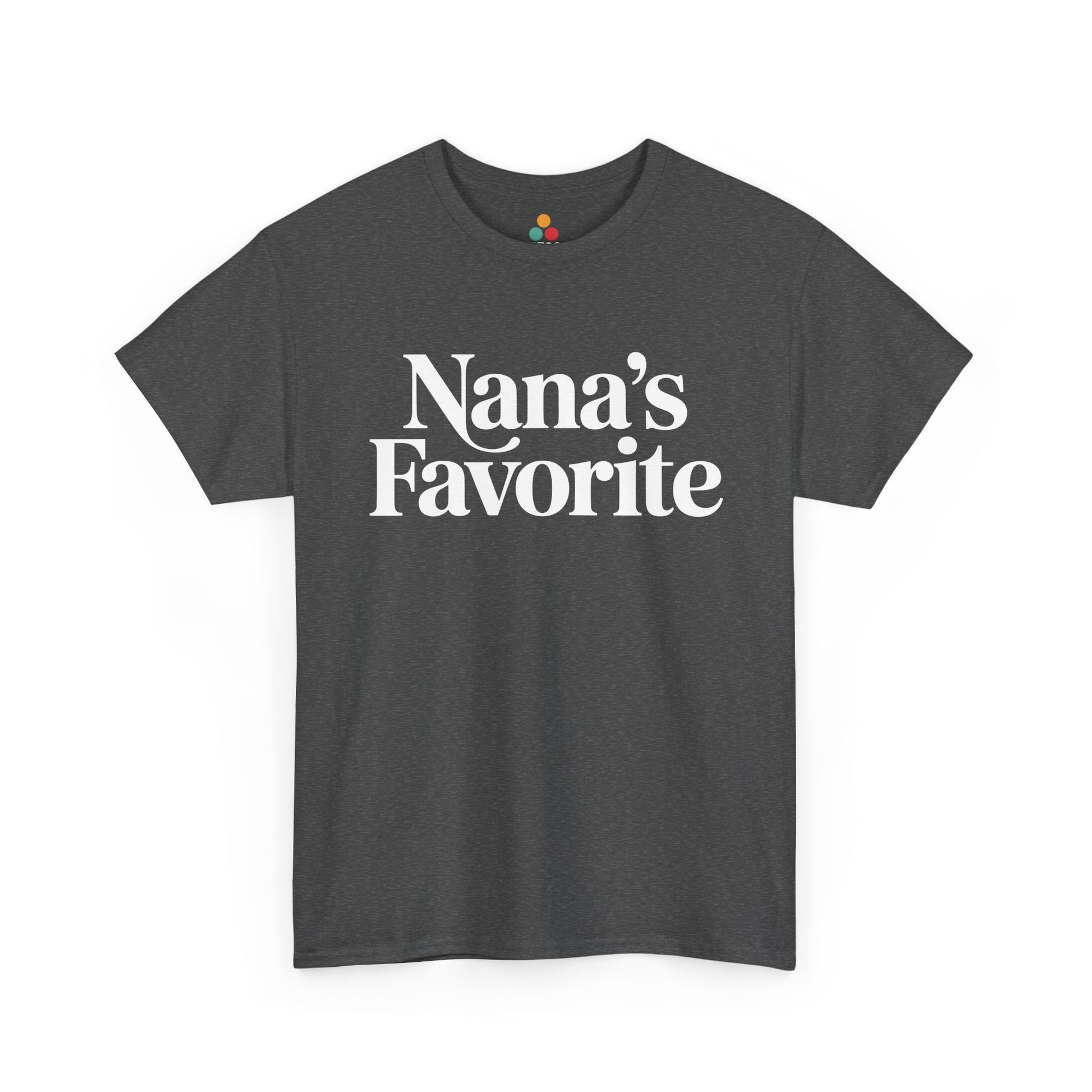  Dark heather gray t‑shirt with crisp white “Nana’s Favorite” print, flat view.​