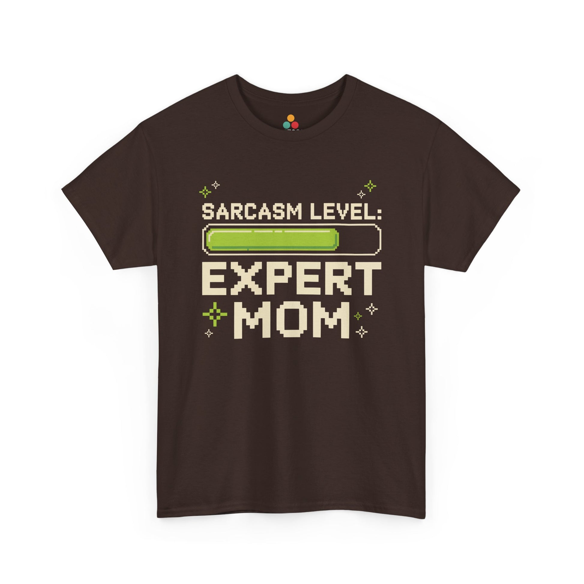 TEEZOCA brown “Sarcasm Level: Expert Mom” sarcastic mom life t‑shirt displayed flat.