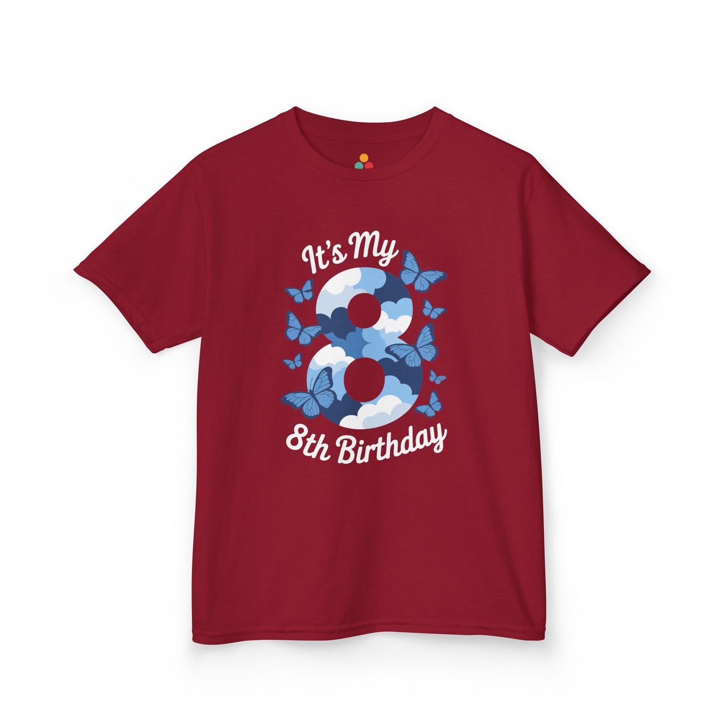 “Red ‘It’s My 8th Birthday’ t-shirt, blue cloud 8 and butterflies graphic, kids birthday top, front view.”

