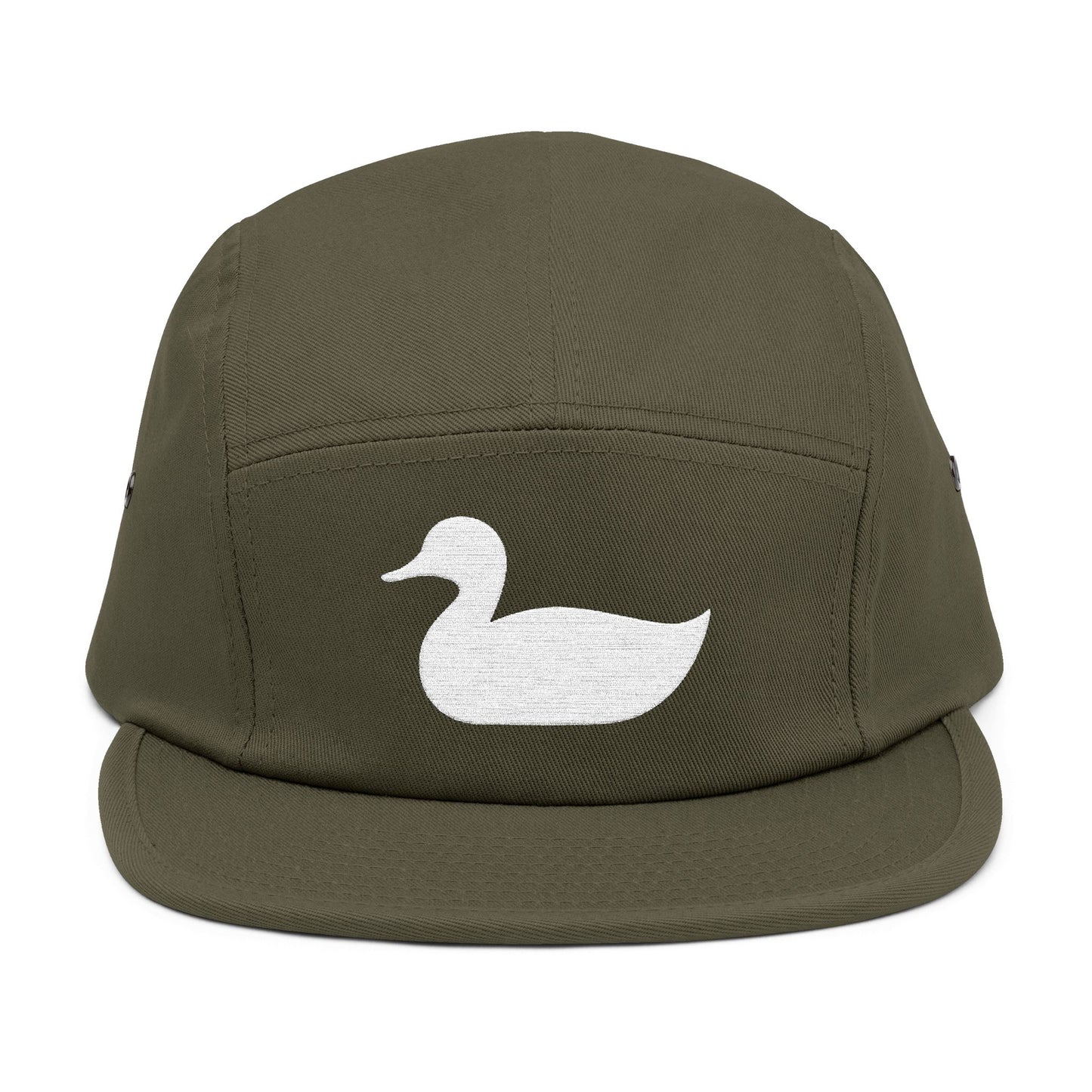 Green cap with a white duck logo on a white background. Minimal duck silhouette embroidered on 5-panel cap by TEEZOCA
