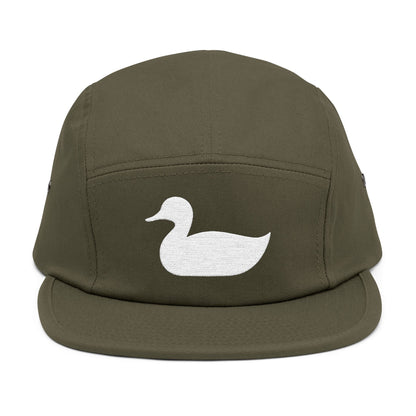 Green cap with a white duck logo on a white background. Minimal duck silhouette embroidered on 5-panel cap by TEEZOCA