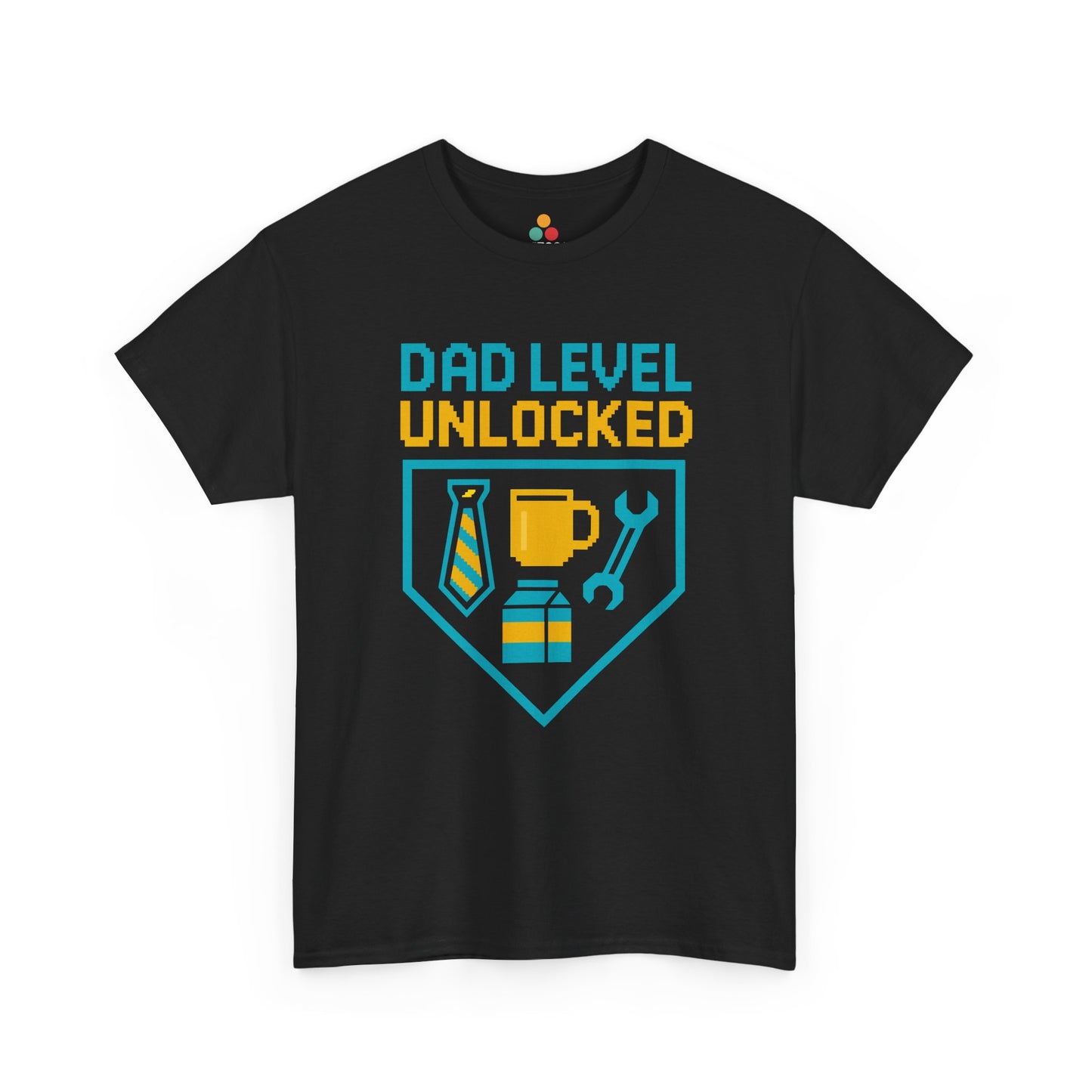 "Black t‑shirt with teal and gold achievement badge shield featuring tie, coffee cup, and wrench icons with the text 'DAD LEVEL UNLOCKED,' flat front view."

