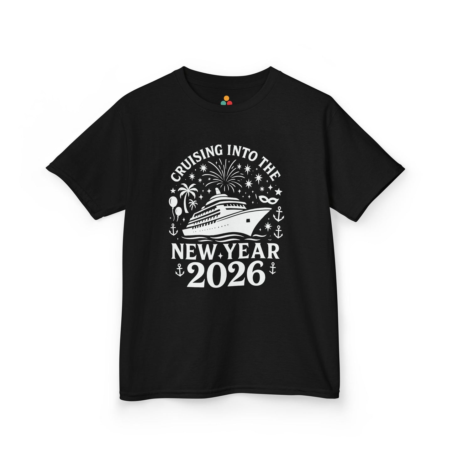 Black t-shirt with New Year 2026 cruise design on a white background