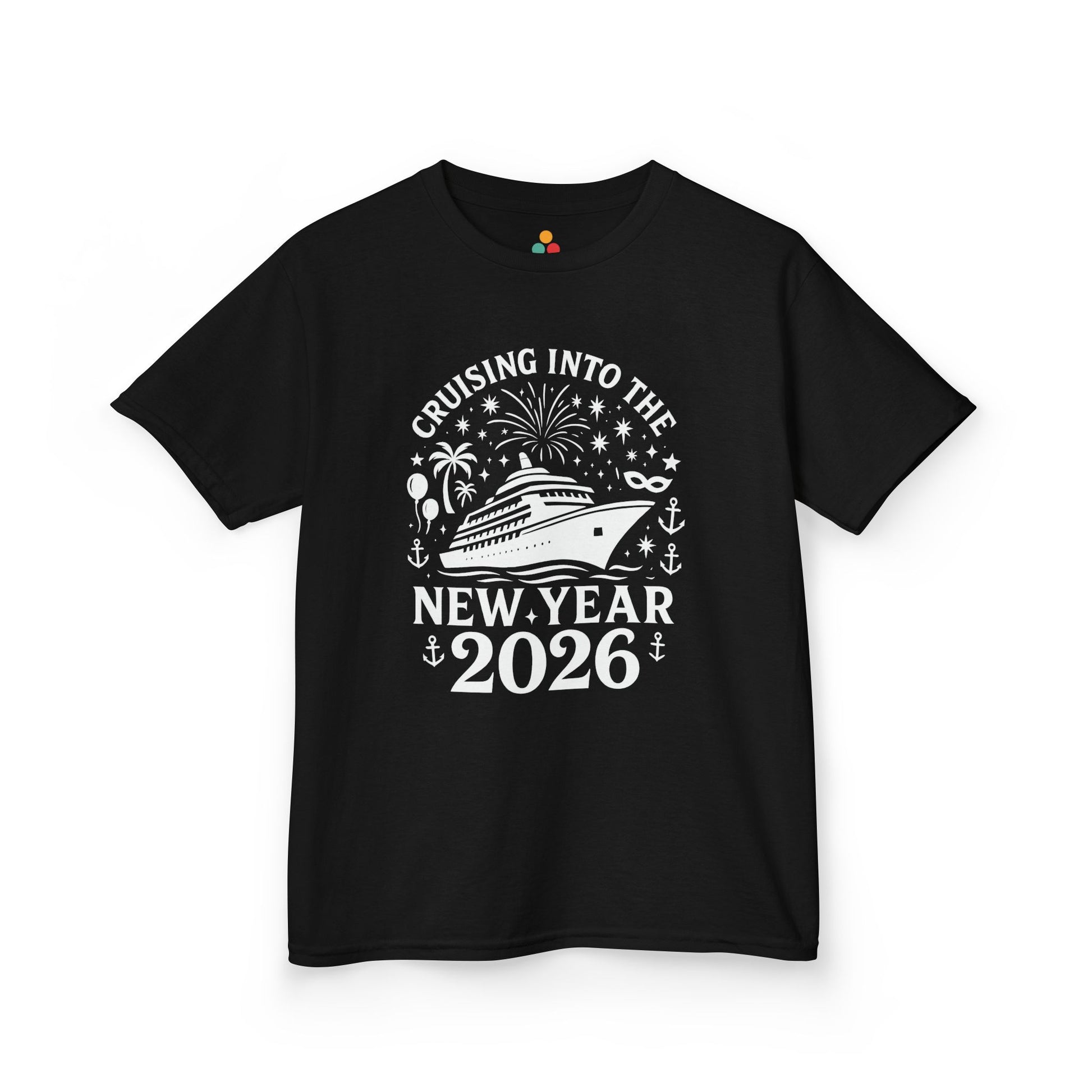 Black t-shirt with New Year 2026 cruise design on a white background