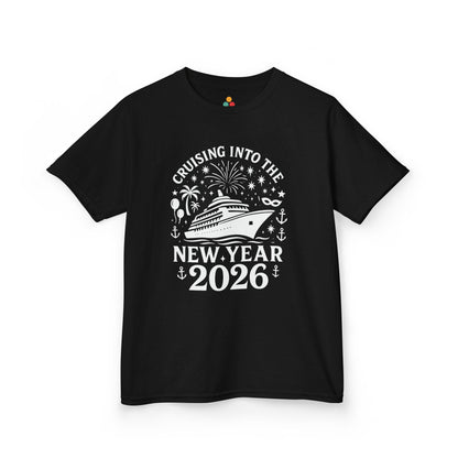 Black t-shirt with New Year 2026 cruise design on a white background