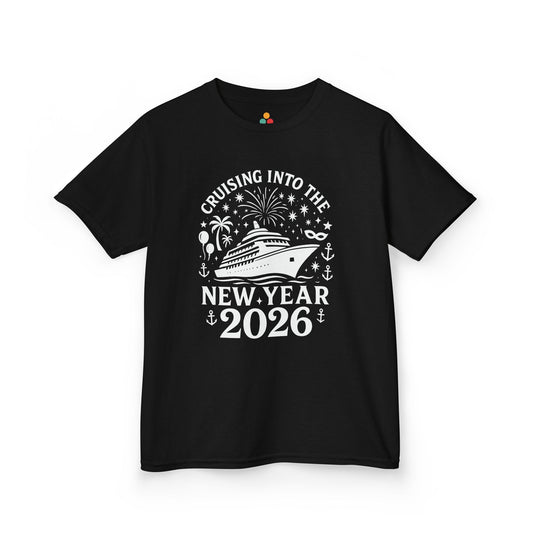 Black t-shirt with New Year 2026 cruise design on a white background