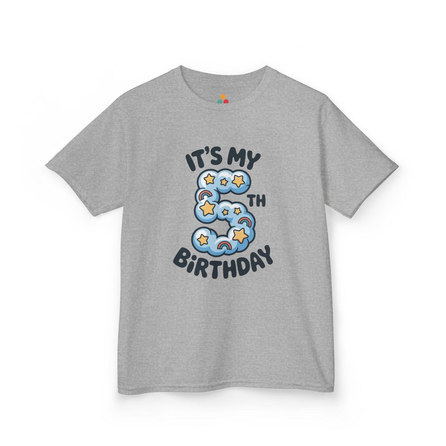 Sport grey kids’ t‑shirt with blue cloud number 5, yellow stars, mini rainbows, and “It’s My 5th Birthday” text, flat front view.