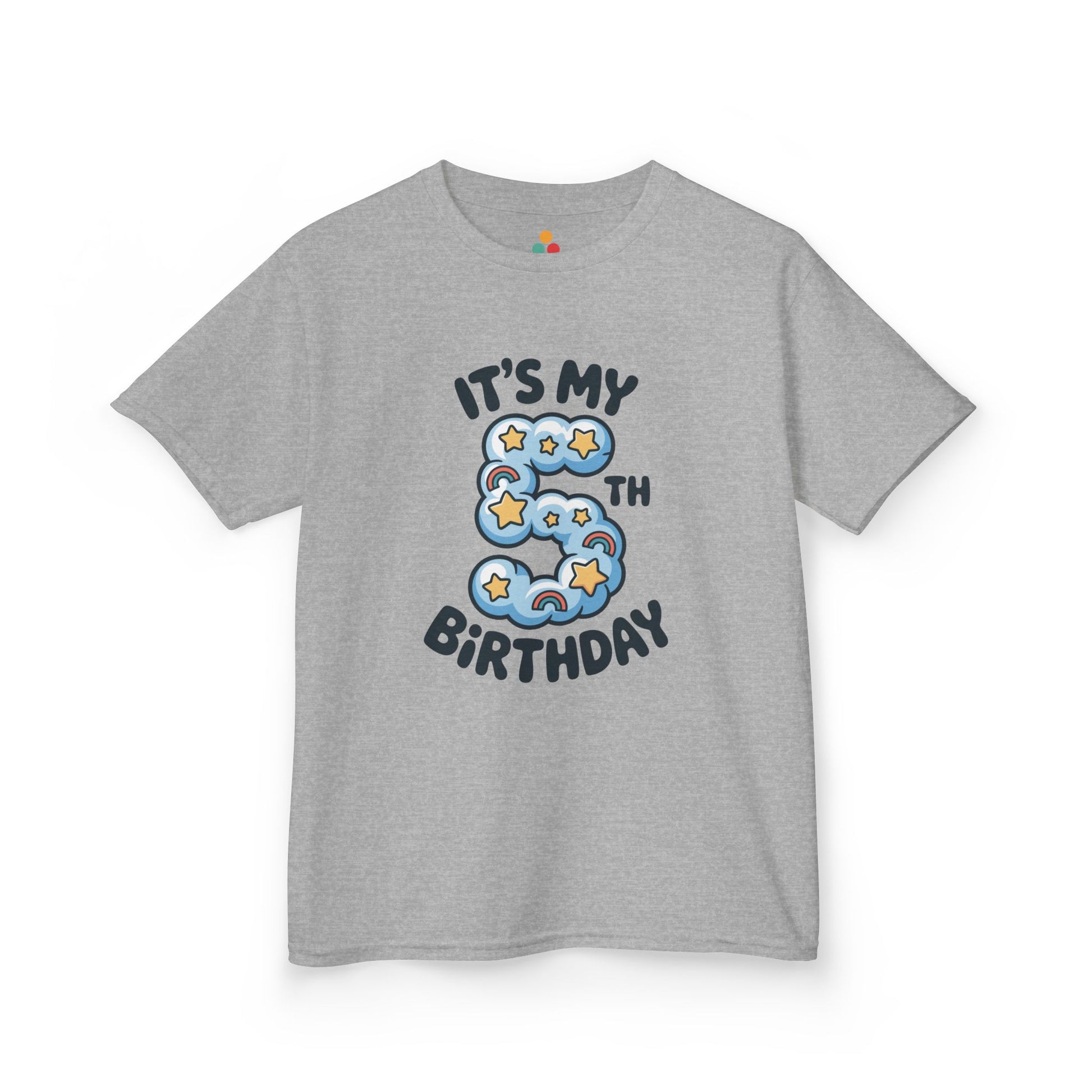 Sport grey kids’ t‑shirt with blue cloud number 5, yellow stars, mini rainbows, and “It’s My 5th Birthday” text, flat front view.