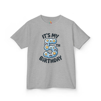 Sport grey kids’ t‑shirt with blue cloud number 5, yellow stars, mini rainbows, and “It’s My 5th Birthday” text, flat front view.