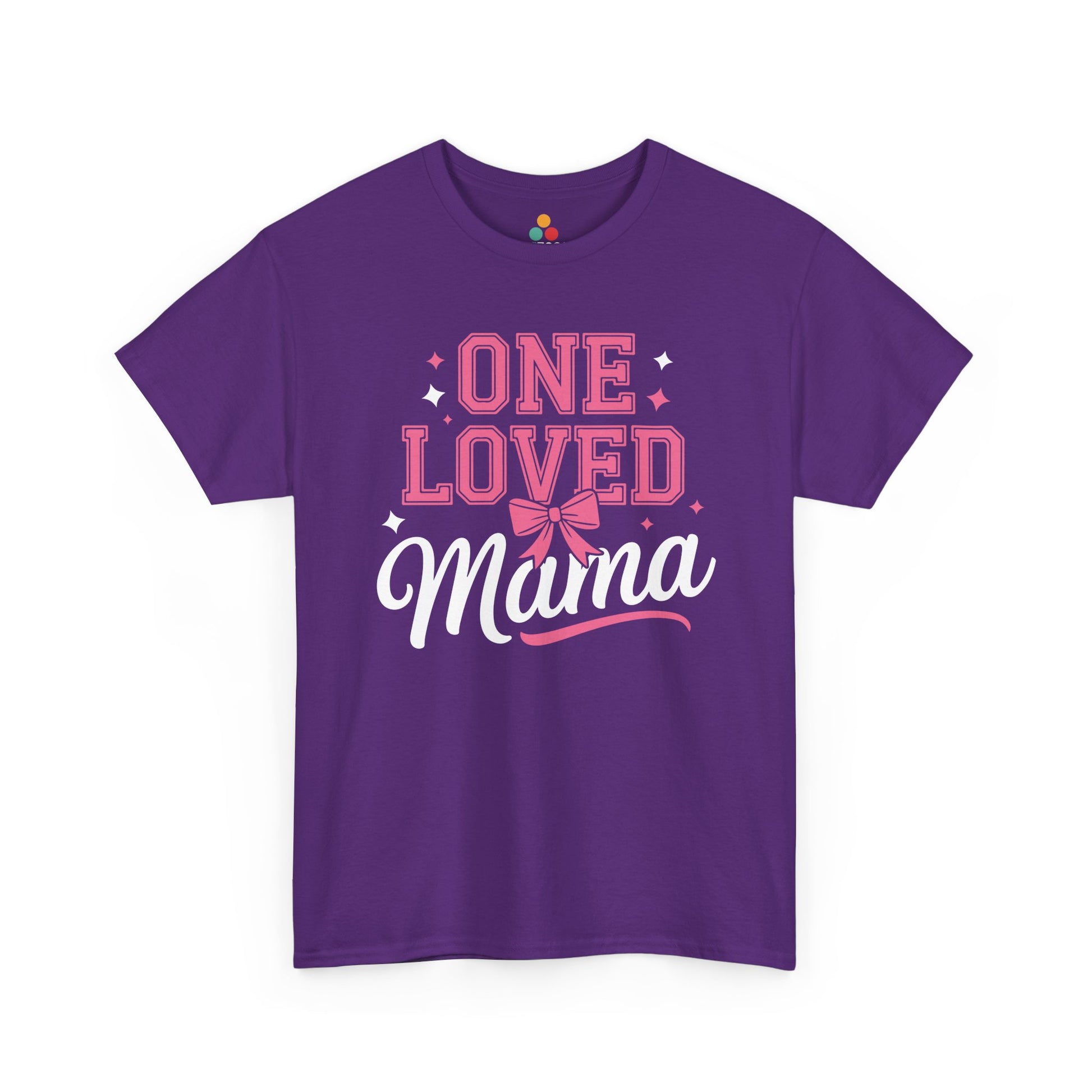 Purple t-shirt with 'One Loved Mama' text design on a white background