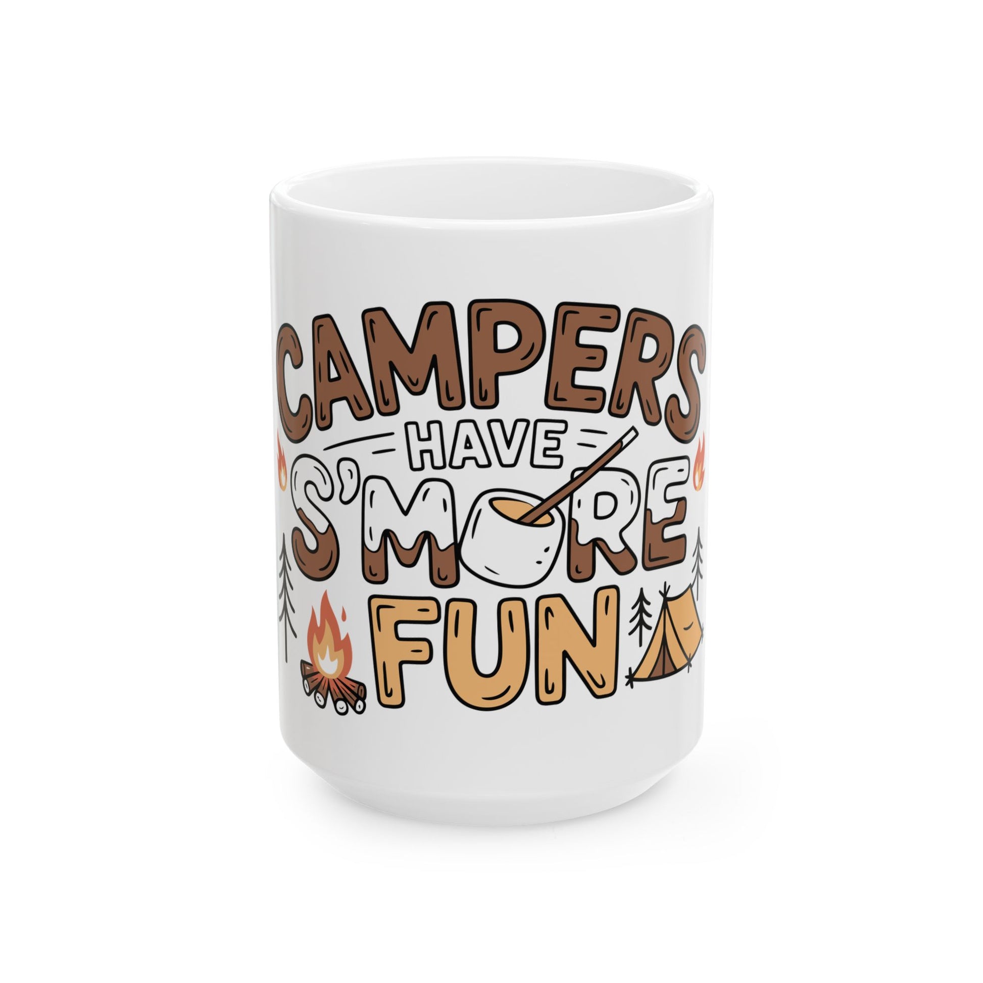 TEEZOCA camping mug showing Campers Have S’More Fun text and outdoor icons