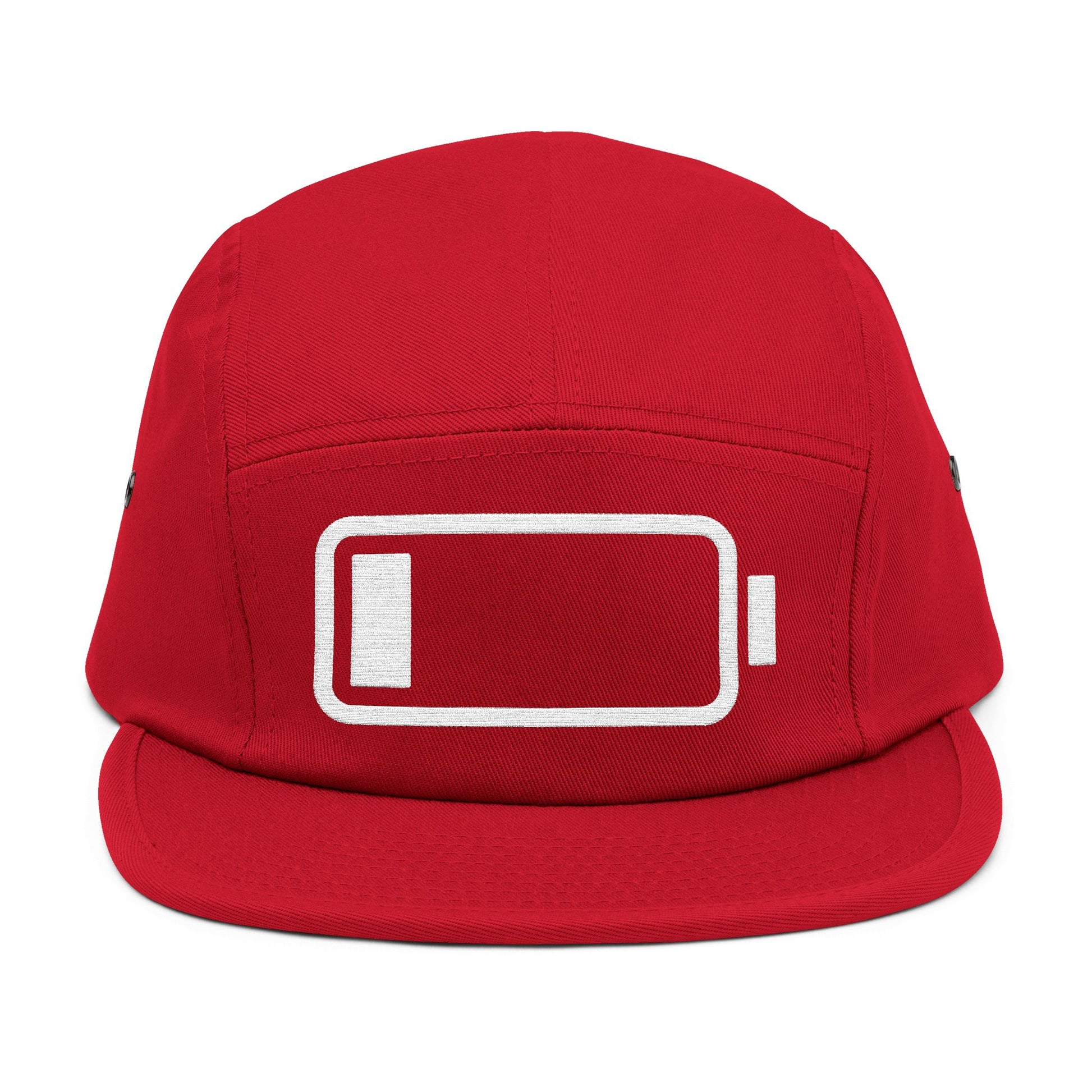 Red cap with a white battery icon on a white background. Minimal low battery icon embroidered on 5-panel cap. TEEZOCA