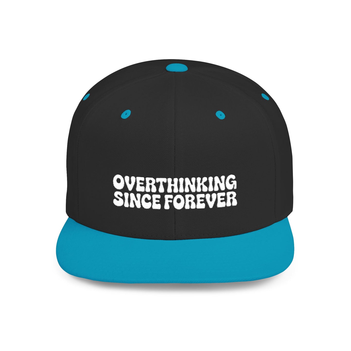 Black and blue cap with 'OVERTHINKING SINCE FOREVER' text on a white background