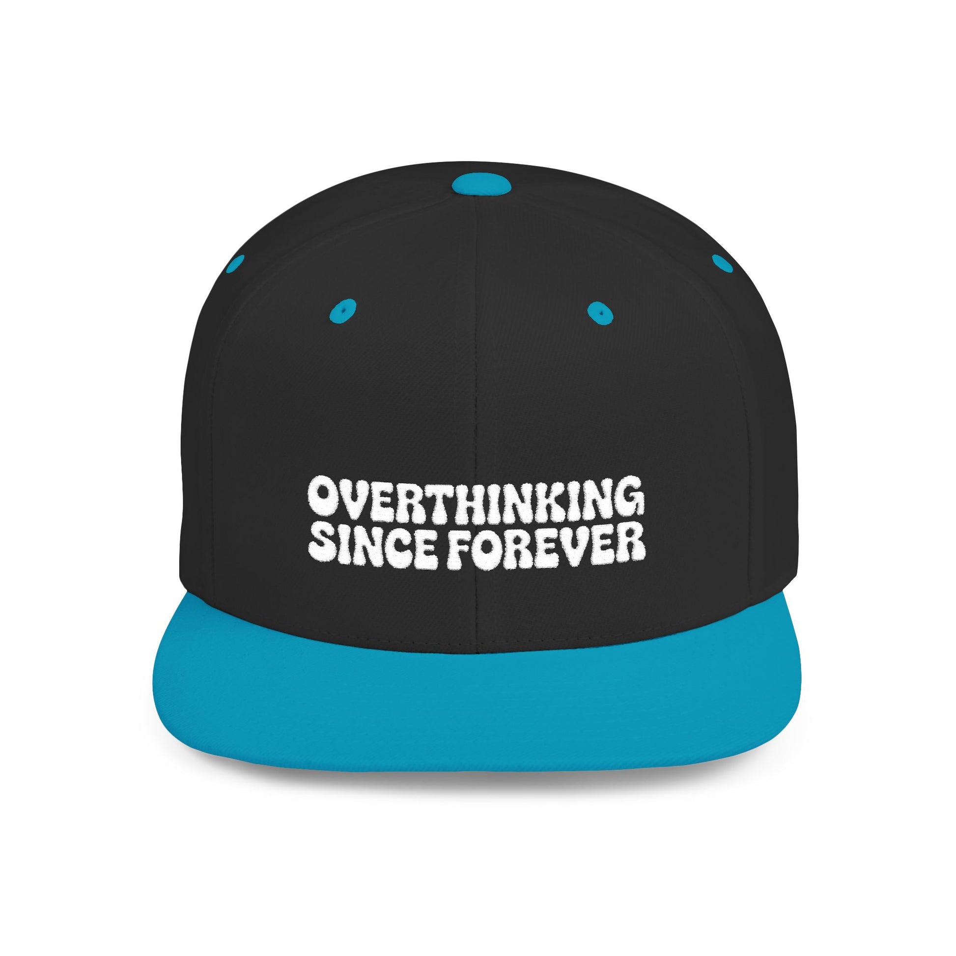 Black and blue cap with 'OVERTHINKING SINCE FOREVER' text on a white background