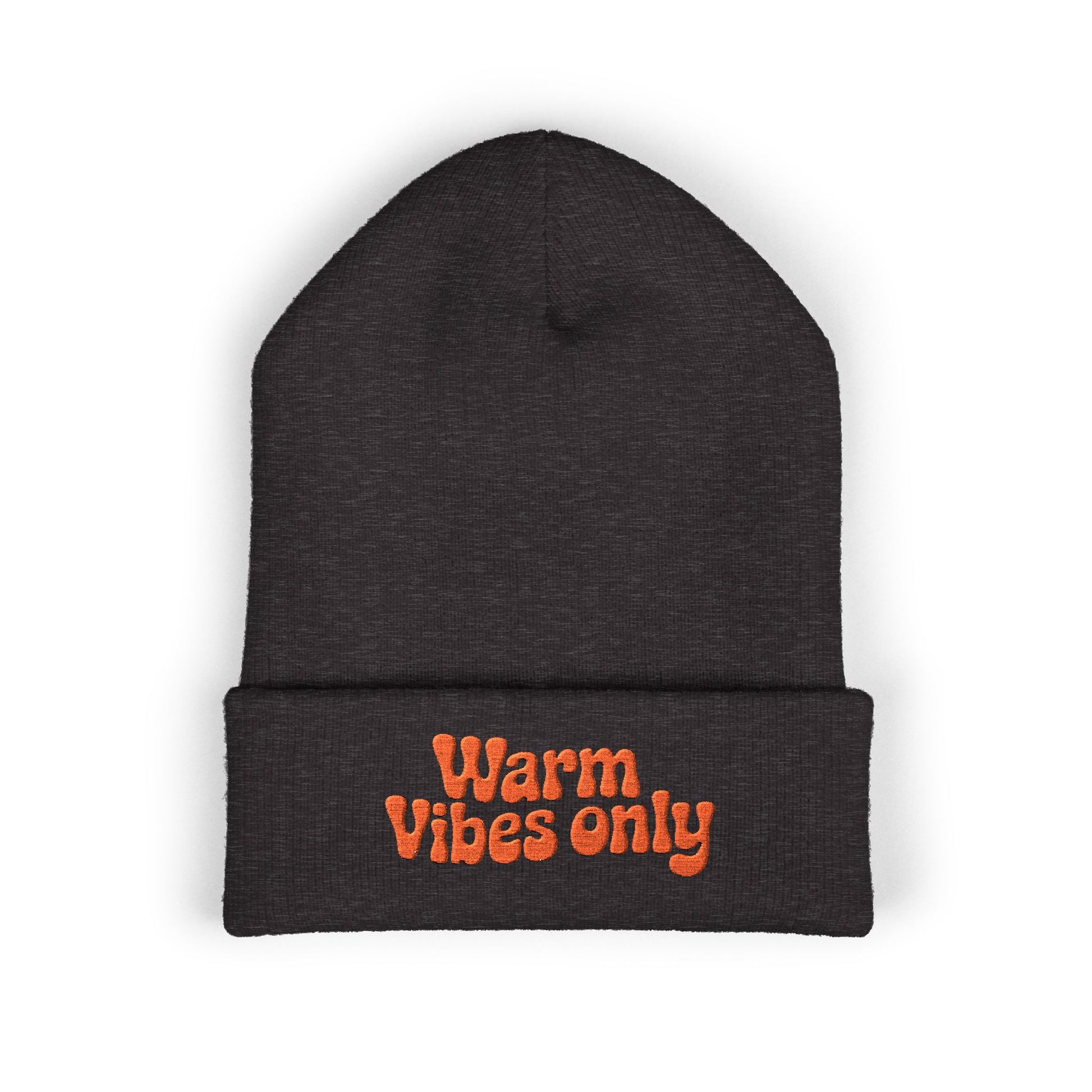 Black beanie with 'Warm Vibes only' text in orange on a white background. Playful retro-style beanie with warm orange lettering stitched on cuff.