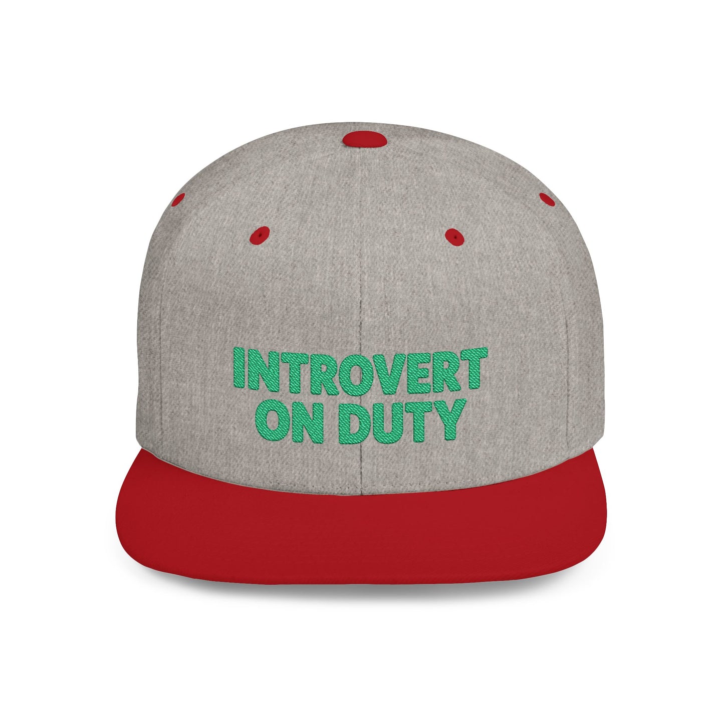 Gray cap with red brim and 'Introvert On Duty' text on a white background