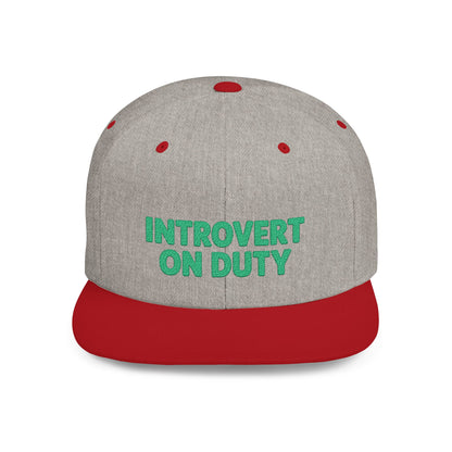 Gray cap with red brim and 'Introvert On Duty' text on a white background