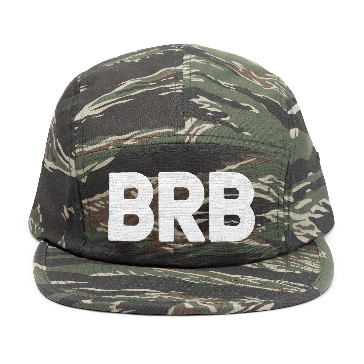 Camouflage cap with 'BRB' on a white background. BRB minimalist bold text design for embroidery. TEEZOCA