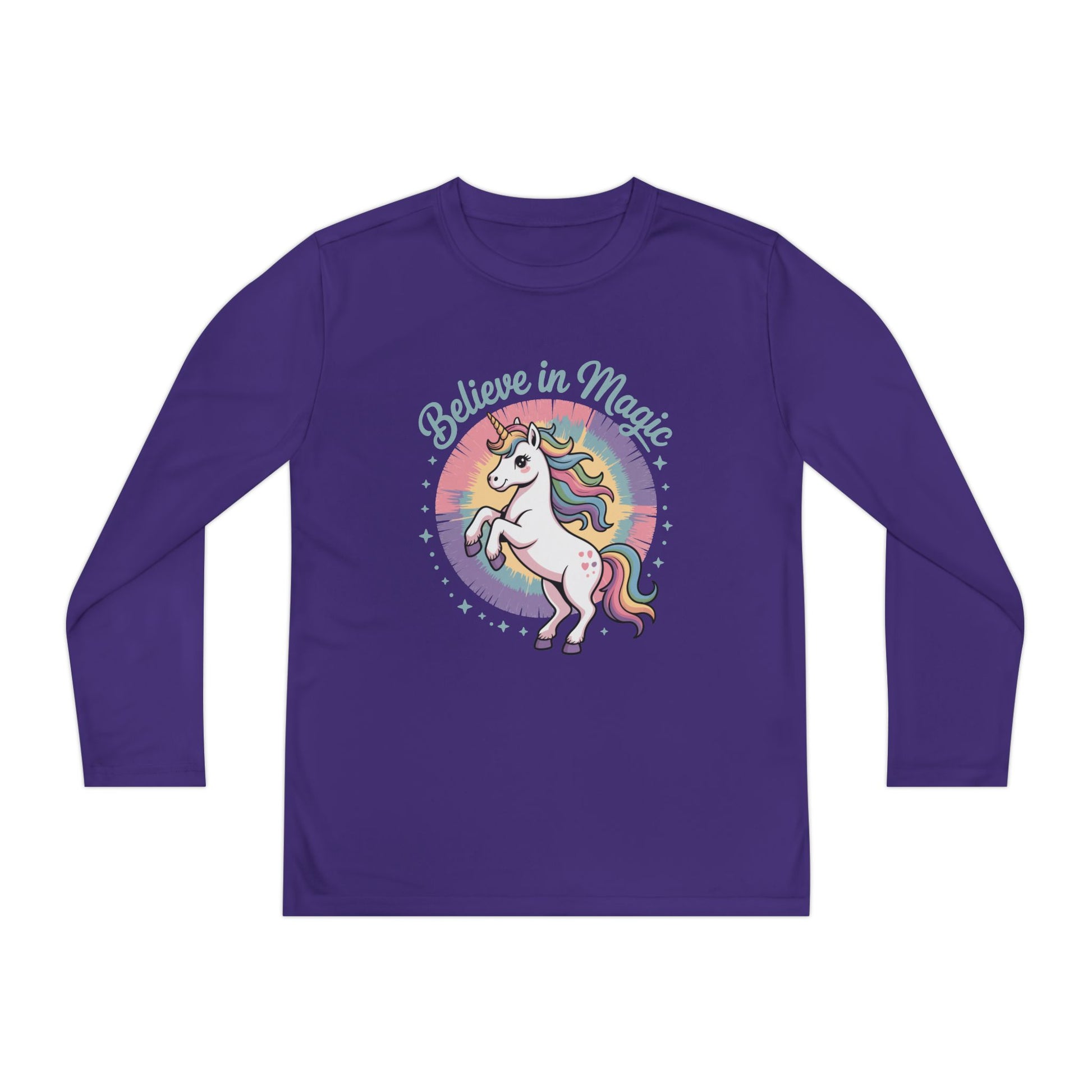 Youth Long Sleeve Tee – "Believe in Magic" Rainbow Unicorn Graphic TEEZOCA