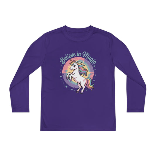Youth Long Sleeve Tee – "Believe in Magic" Rainbow Unicorn Graphic TEEZOCA