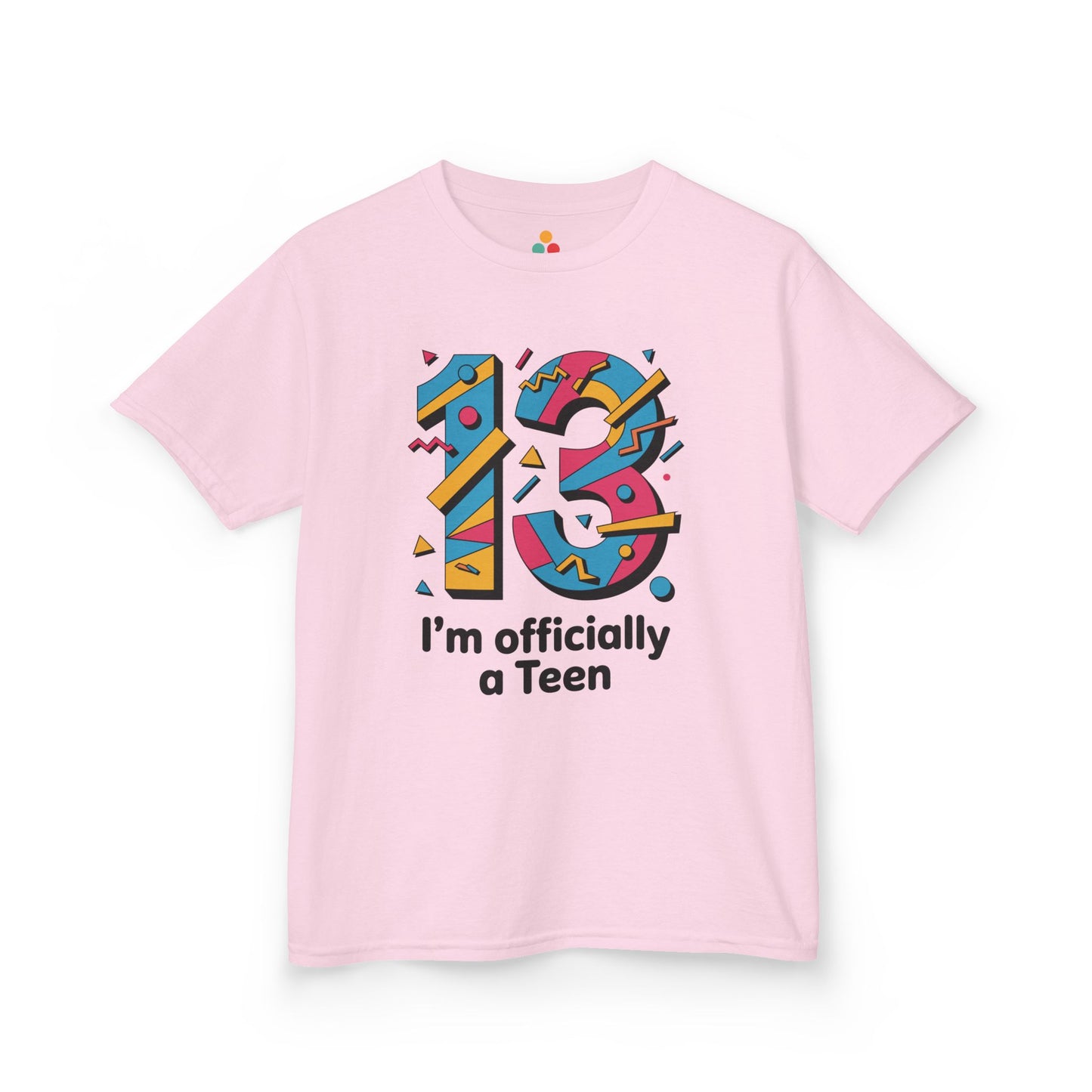 Pink t-shirt with colorful '13' design and text on a white background