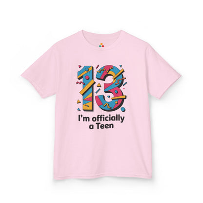 Pink t-shirt with colorful '13' design and text on a white background