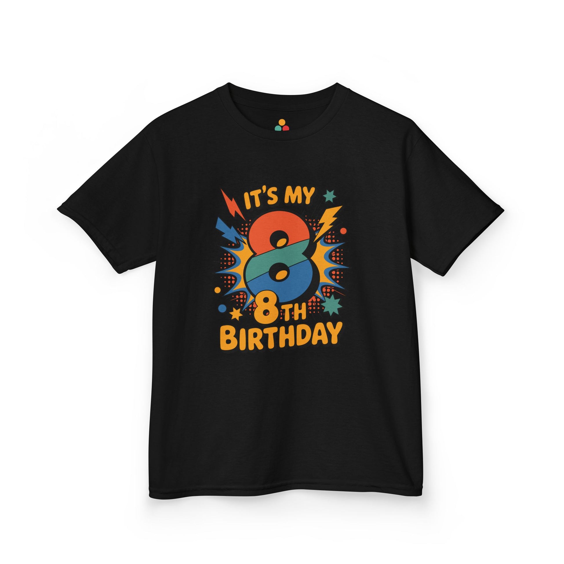 “Black ‘It’s My 8th Birthday’ t‑shirt with multicolor comic‑style number 8, lightning bolts and stars, kids pop‑art birthday design, flat front view.”

