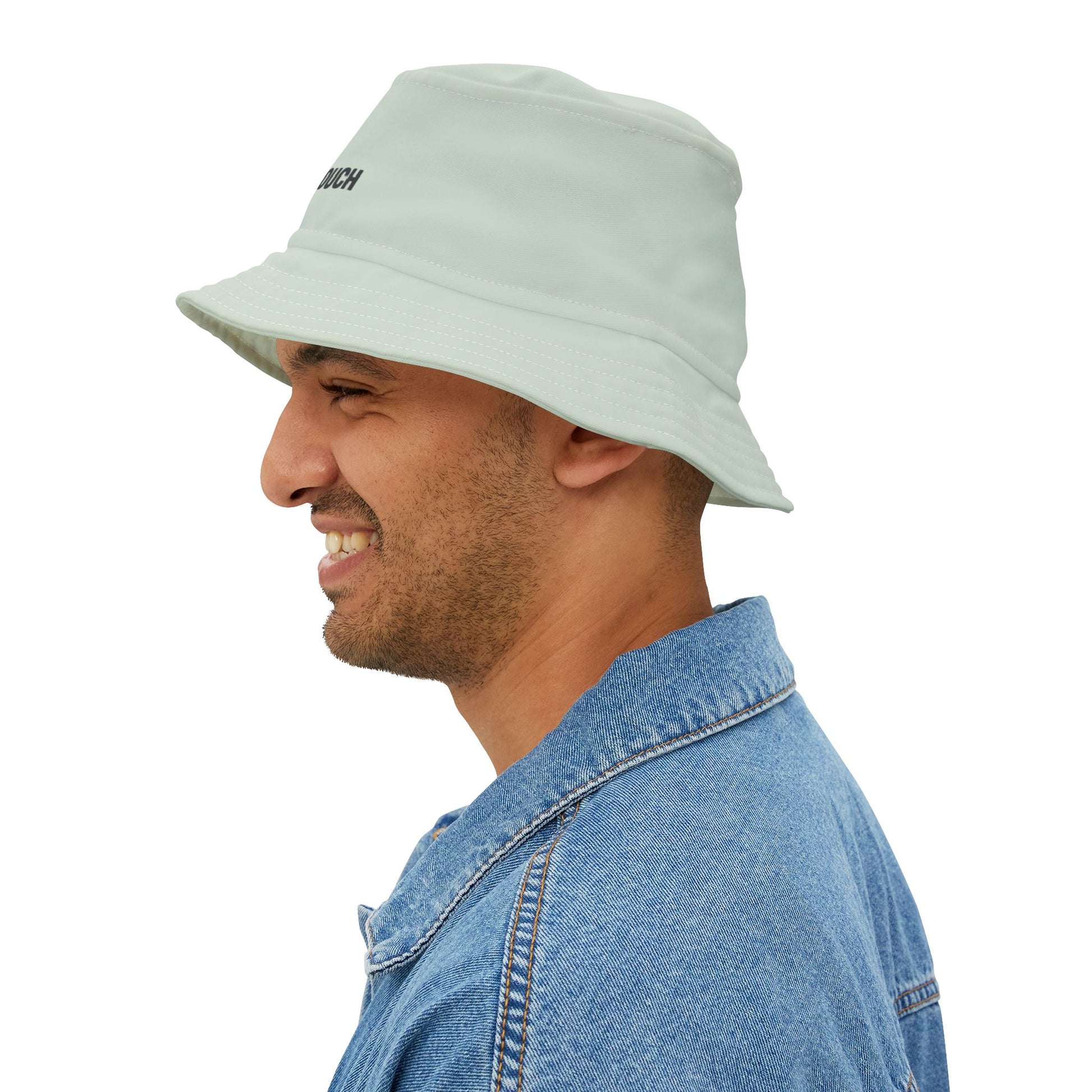 Funny sarcastic light blue bucket hat with text 'IF LOST, RETURN TO COUCH' on a white background. TEEZOCA