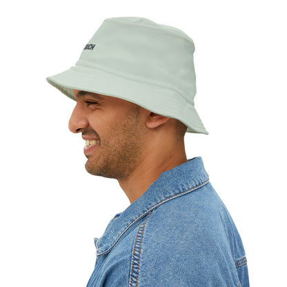 Funny sarcastic light blue bucket hat with text 'IF LOST, RETURN TO COUCH' on a white background. TEEZOCA