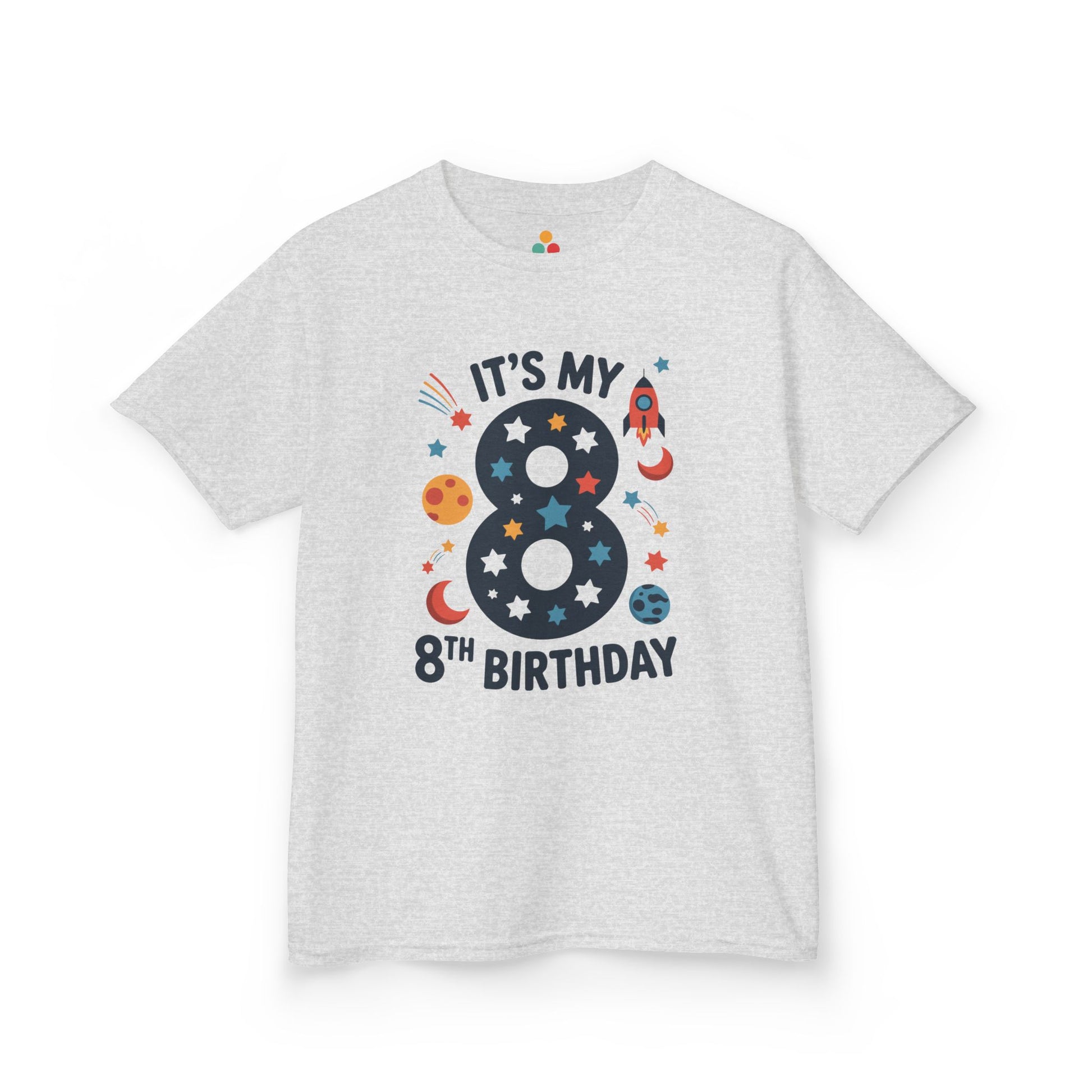 “Heather gray ‘It’s My 8th Birthday’ t‑shirt featuring large starry 8, rocket, and planets, kids birthday top, flat display.”

