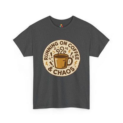 TEEZOCA dark gray “Running On Coffee & Chaos” novelty coffee tee displayed flat.