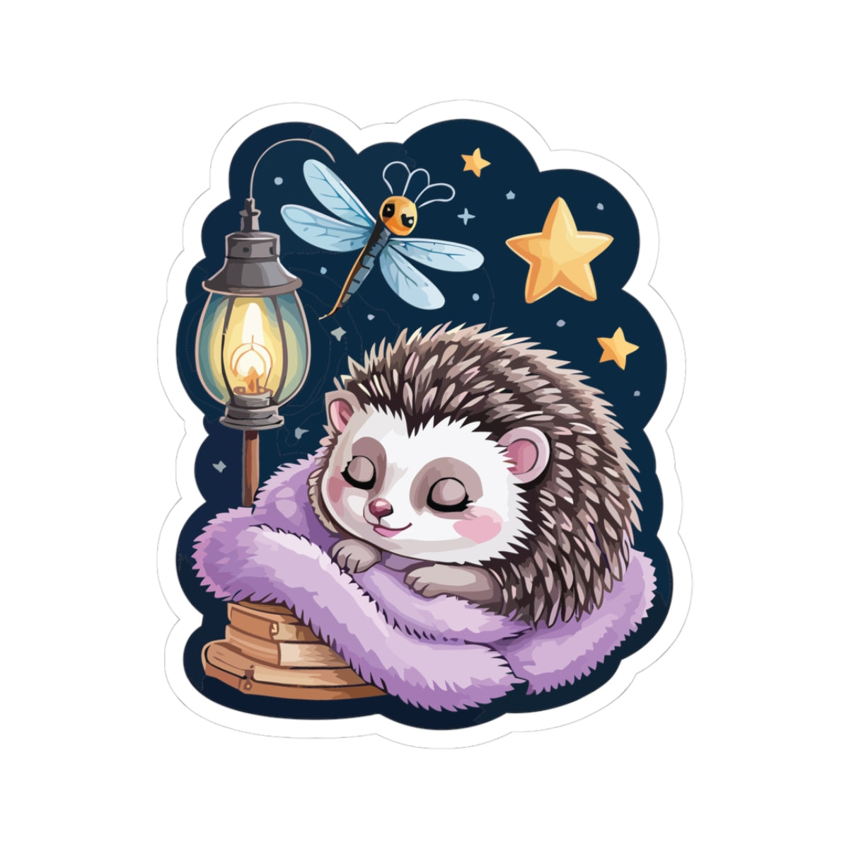 TEEZOCA cute sleeping hedgehog sticker with cozy night scene and lantern