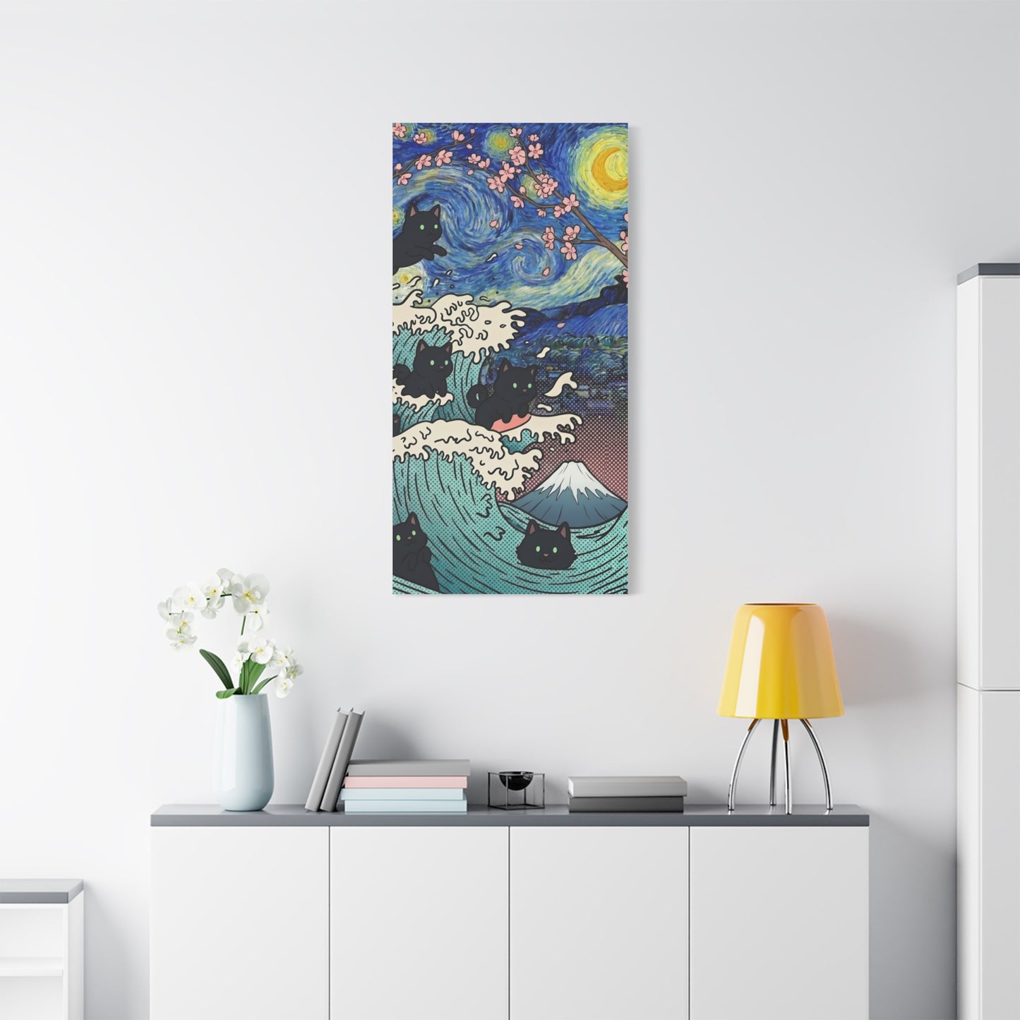 Starry Night Black Cat Wave Canvas Art – Aesthetic Fine Art Decor | TEEZOCA 