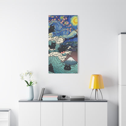 Starry Night Black Cat Wave Canvas Art – Aesthetic Fine Art Decor | TEEZOCA 