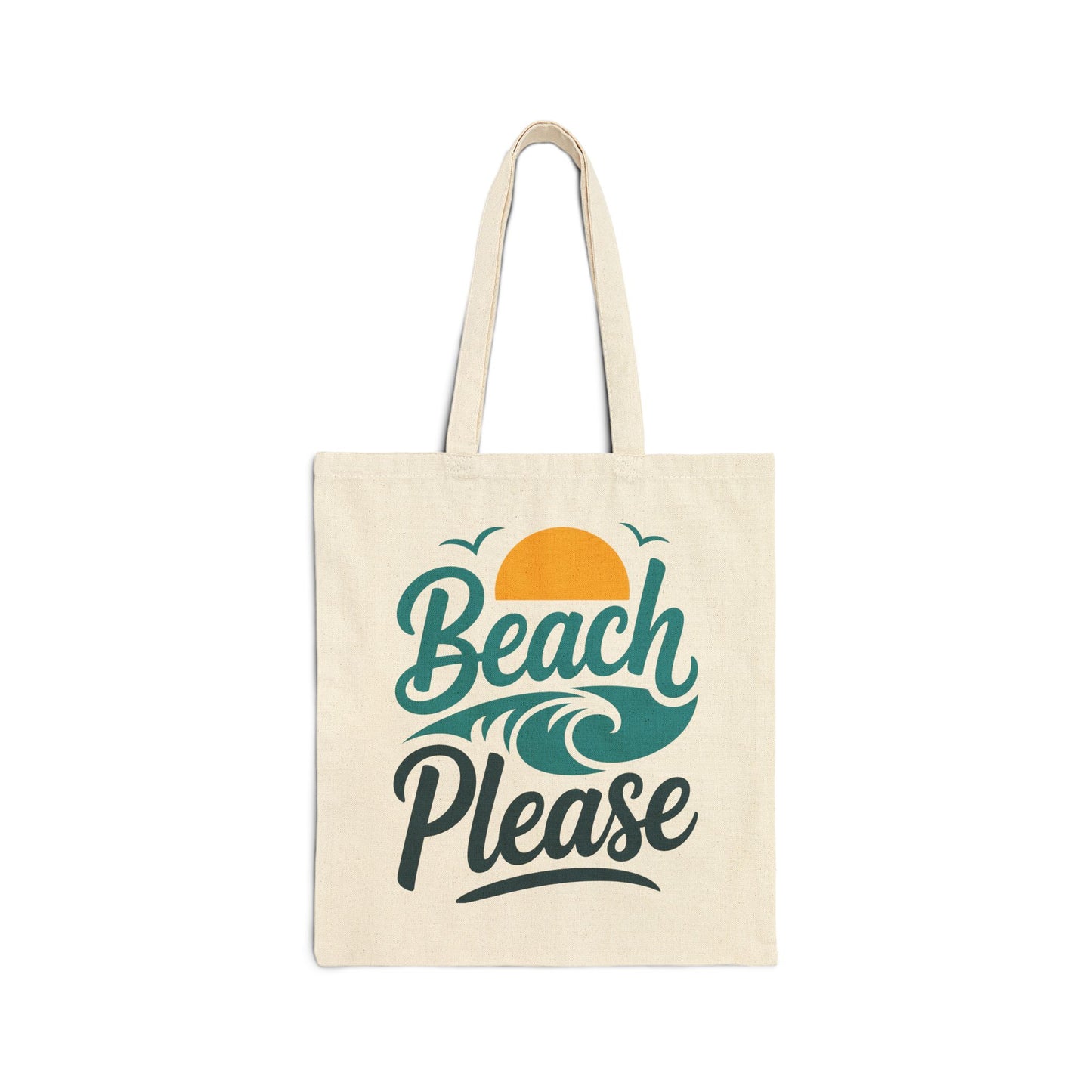 TEEZOCA tote bag with Beach Please typography, wave, and sun design
