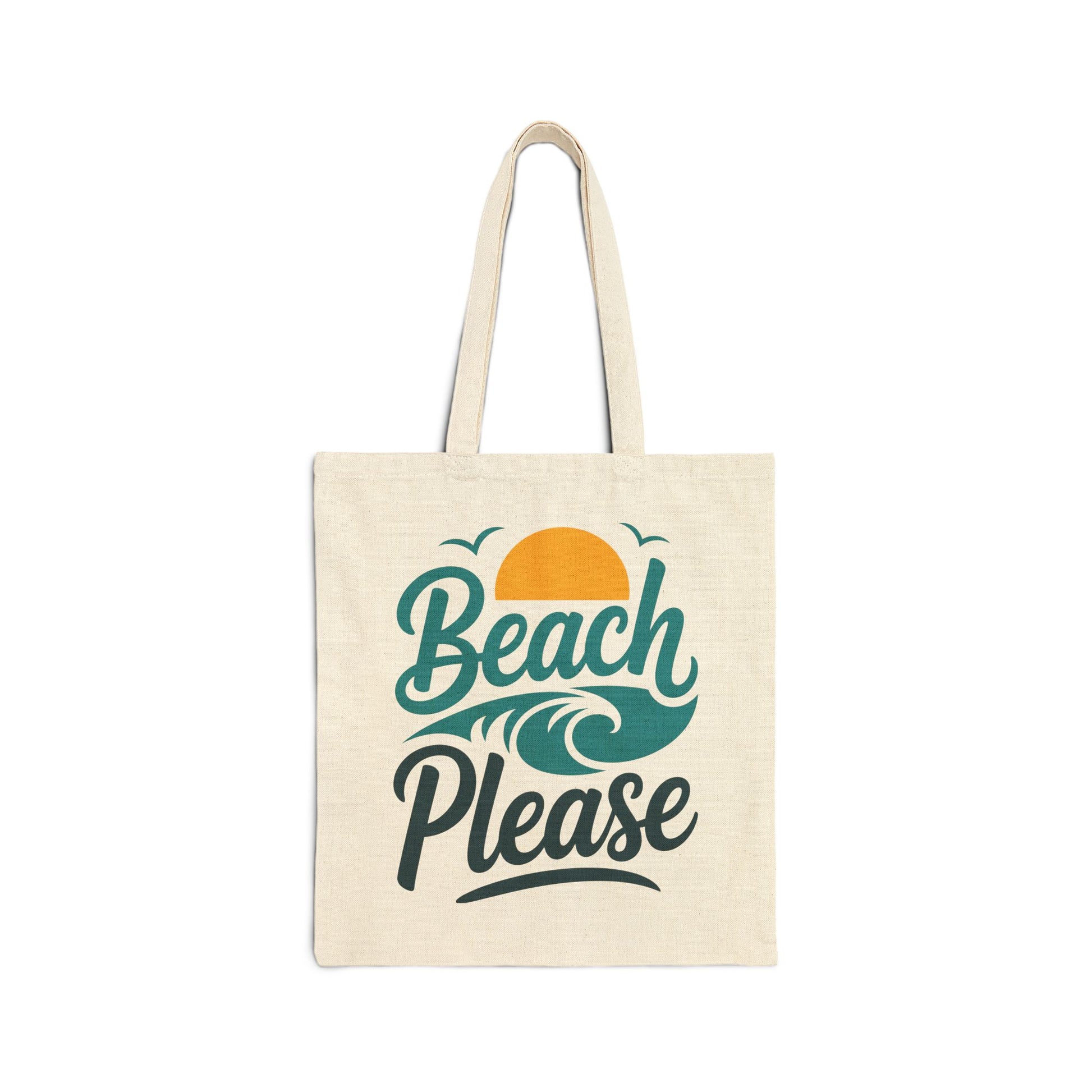 TEEZOCA tote bag with Beach Please typography, wave, and sun design