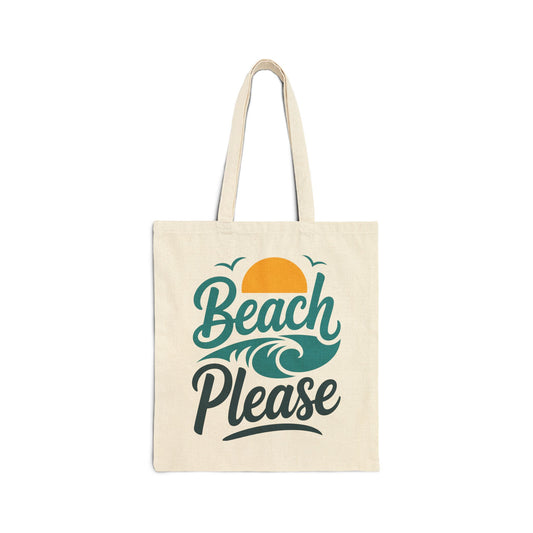 TEEZOCA tote bag with Beach Please typography, wave, and sun design